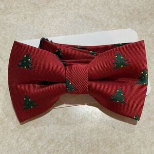 Festive Red Bow Tie with Christmas Tree Design